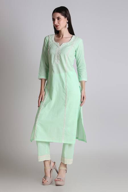 Shop Tashee Green Cotton, Organza Sequins, Cut Work, Embroidery Split Thread Kurta Pant Set Online at Aza Fashions Shop_Tashee_Green Cotton, Organza Sequins, Cut Work, Embroidery Split Thread Kurta Pant Set _Online_at_Aza_Fashions