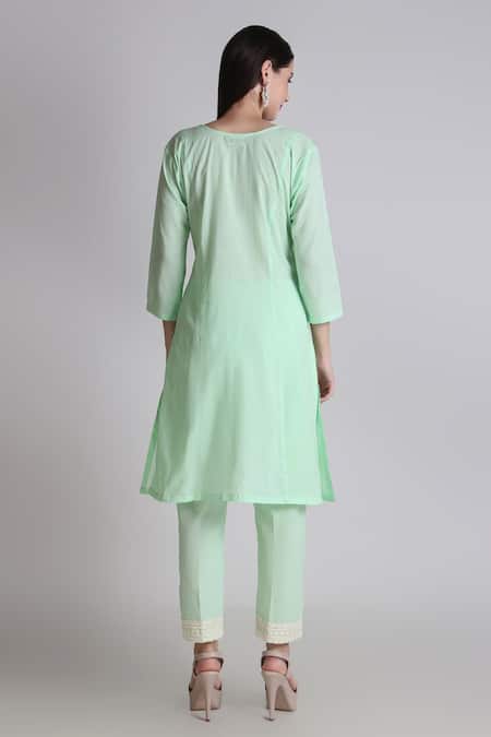 Shop Tashee Green Cotton Embroidery Round Neck Placed Floral Kurta With Pant at Aza Fashions Shop_Tashee_Green Cotton Embroidery Round Neck Placed Floral Kurta With Pant _at_Aza_Fashions