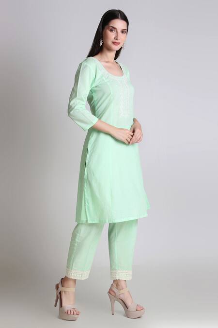 Shop Tashee Green Cotton Embroidery Round Neck Placed Floral Kurta With Pant Online at Aza Fashions Shop_Tashee_Green Cotton Embroidery Round Neck Placed Floral Kurta With Pant _Online_at_Aza_Fashions
