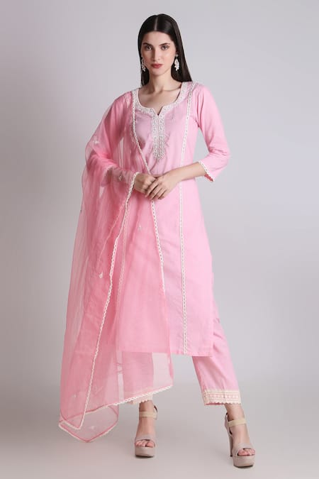 Tashee Pink Cotton, Organza Sequins, Cut Work, Blossom Placement Kurta Pant Set 