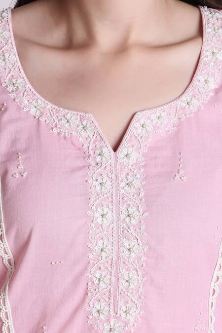 Buy Tashee Pink Cotton, Organza Sequins, Cut Work, Blossom Placement Kurta Pant Set Buy_Tashee_Pink Cotton, Organza Sequins, Cut Work, Blossom Placement Kurta Pant Set