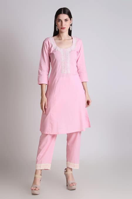 Tashee Pink Cotton Pearls, Lace Scoop Neck Bloom Embroidered Kurta With Pant 