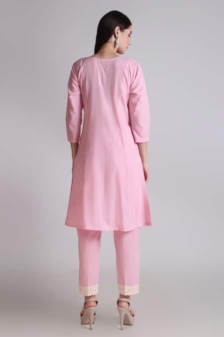 Shop Tashee Pink Cotton Pearls, Lace Scoop Neck Bloom Embroidered Kurta With Pant at Aza Fashions Shop_Tashee_Pink Cotton Pearls, Lace Scoop Neck Bloom Embroidered Kurta With Pant _at_Aza_Fashions