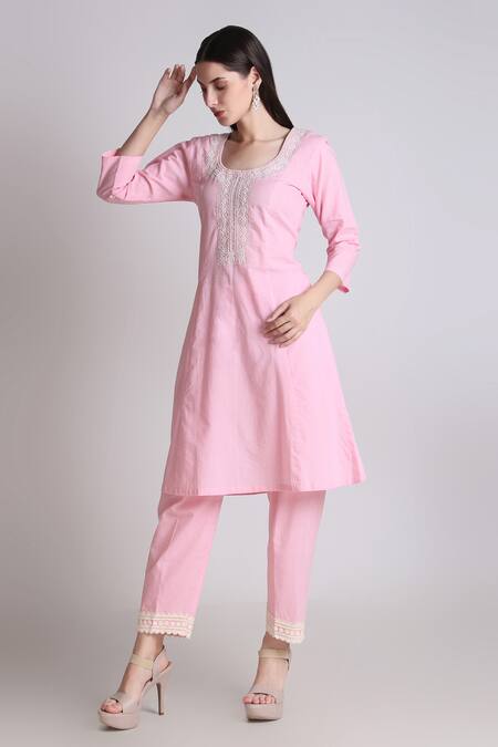 Buy Tashee Pink Cotton Pearls, Lace Scoop Neck Bloom Embroidered Kurta With Pant Online at Aza Fashions Buy_Tashee_Pink Cotton Pearls, Lace Scoop Neck Bloom Embroidered Kurta With Pant _Online_at_Aza_Fashions