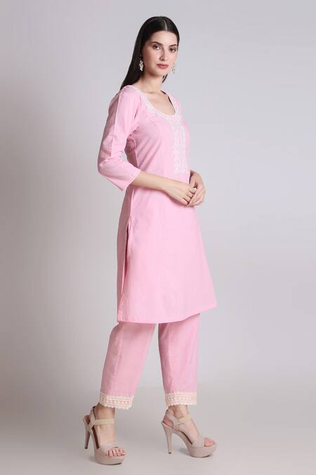 Shop Tashee Pink Cotton Pearls, Lace Scoop Neck Bloom Embroidered Kurta With Pant Online at Aza Fashions Shop_Tashee_Pink Cotton Pearls, Lace Scoop Neck Bloom Embroidered Kurta With Pant _Online_at_Aza_Fashions