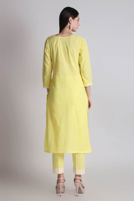 Shop Tashee Yellow Cotton Pearls, Lace Scoop Neck Flora Embroidered Kurta With Pant at Aza Fashions Shop_Tashee_Yellow Cotton Pearls, Lace Scoop Neck Flora Embroidered Kurta With Pant _at_Aza_Fashions