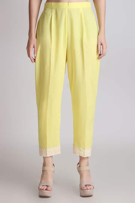 Tashee Yellow Cotton Pearls, Lace Scoop Neck Flora Embroidered Kurta With Pant Online at Aza Fashions Tashee_Yellow Cotton Pearls, Lace Scoop Neck Flora Embroidered Kurta With Pant _Online_at_Aza_Fashions