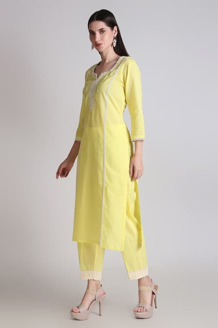 Buy Tashee Yellow Cotton Pearls, Lace Scoop Neck Flora Embroidered Kurta With Pant Online at Aza Fashions Buy_Tashee_Yellow Cotton Pearls, Lace Scoop Neck Flora Embroidered Kurta With Pant _Online_at_Aza_Fashions
