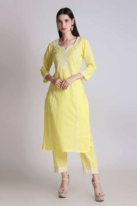 Buy Tashee Yellow Cotton, Organza Pearls, Embroidery Scoop Neck Flora Kurta Pant Set Online at Aza Fashions Buy_Tashee_Yellow Cotton, Organza Pearls, Embroidery Scoop Neck Flora Kurta Pant Set _Online_at_Aza_Fashions