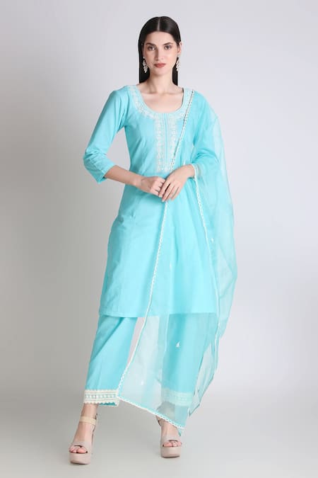 Shop Tashee Sky Blue Cotton Sequins, Cut Work, Embroidery Round Neck Bodice Kurta With Pant at Aza Fashions Shop_Tashee_Sky Blue Cotton Sequins, Cut Work, Embroidery Round Neck Bodice Kurta With Pant _at_Aza_Fashions