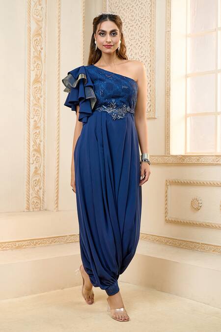 Shop Aariyana Couture Blue Georgette Embroidery One Shoulder Draped Jumpsuit Online at Aza Fashions Shop_Aariyana Couture_Blue Georgette Embroidery One Shoulder Draped Jumpsuit_Online_at_Aza_Fashions