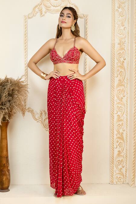 Aariyana Couture Red Chiffon, Silk Zari, Embroidery Plunge Neck Pre-draped Saree With Bustier Online at Aza Fashions Aariyana Couture_Red Chiffon, Silk Zari, Embroidery Plunge Neck Pre-draped Saree With Bustier_Online_at_Aza_Fashions