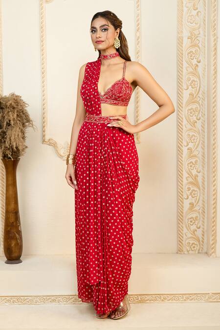 Shop Aariyana Couture Red Chiffon, Silk Zari, Embroidery Plunge Neck Pre-draped Saree With Bustier Online at Aza Fashions Shop_Aariyana Couture_Red Chiffon, Silk Zari, Embroidery Plunge Neck Pre-draped Saree With Bustier_Online_at_Aza_Fashions