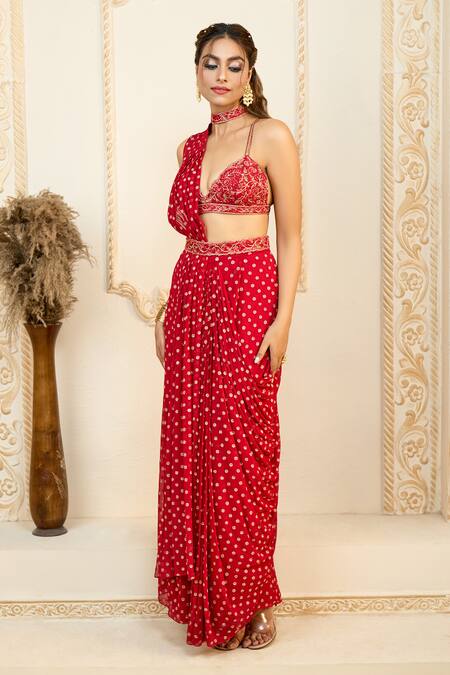 Buy Aariyana Couture Red Chiffon, Silk Zari, Embroidery Plunge Neck Pre-draped Saree With Bustier Buy_Aariyana Couture_Red Chiffon, Silk Zari, Embroidery Plunge Neck Pre-draped Saree With Bustier