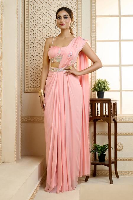 Aariyana Couture Peach Viscose, Silk Satin Embroidery Pre-draped Saree With Shell Bustier Online at Aza Fashions Aariyana Couture_Peach Viscose, Silk Satin Embroidery Pre-draped Saree With Shell Bustier_Online_at_Aza_Fashions