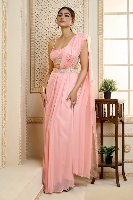 Buy Aariyana Couture Peach Viscose, Silk Satin Embroidery Pre-draped Saree With Shell Bustier Online at Aza Fashions Buy_Aariyana Couture_Peach Viscose, Silk Satin Embroidery Pre-draped Saree With Shell Bustier_Online_at_Aza_Fashions