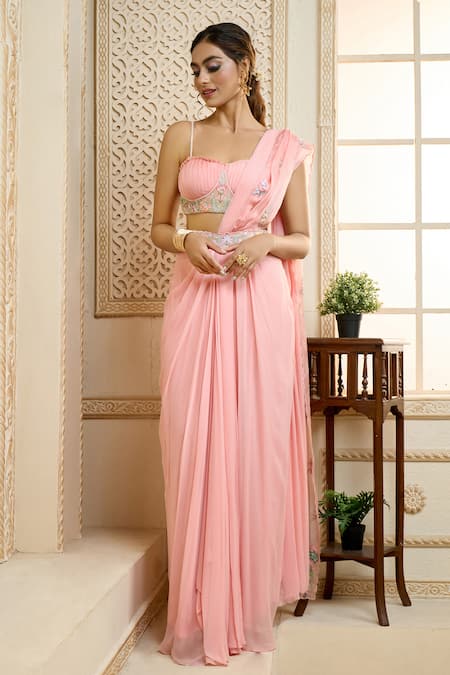 Shop Aariyana Couture Peach Viscose, Silk Satin Embroidery Pre-draped Saree With Shell Bustier Online at Aza Fashions Shop_Aariyana Couture_Peach Viscose, Silk Satin Embroidery Pre-draped Saree With Shell Bustier_Online_at_Aza_Fashions