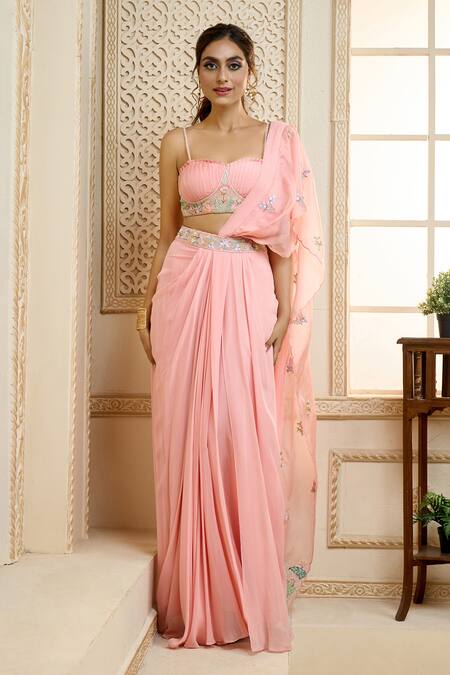 Buy Aariyana Couture Peach Viscose, Silk Satin Embroidery Pre-draped Saree With Shell Bustier Buy_Aariyana Couture_Peach Viscose, Silk Satin Embroidery Pre-draped Saree With Shell Bustier