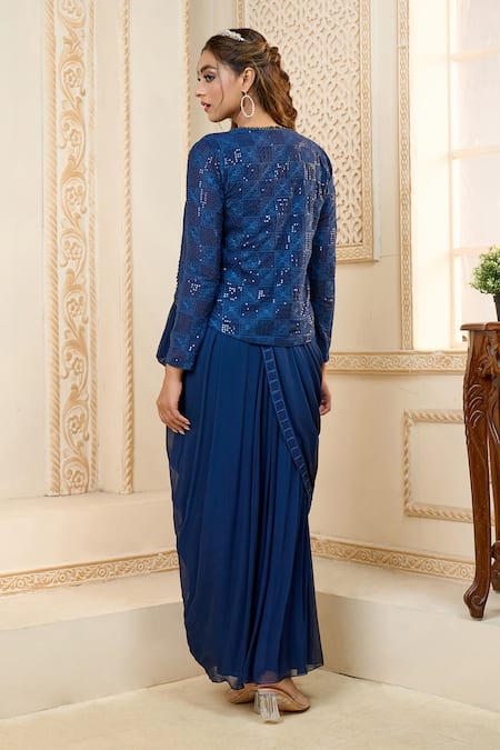 Ariyana By Aza Blue Embroidered Draped Saree Gown Set 