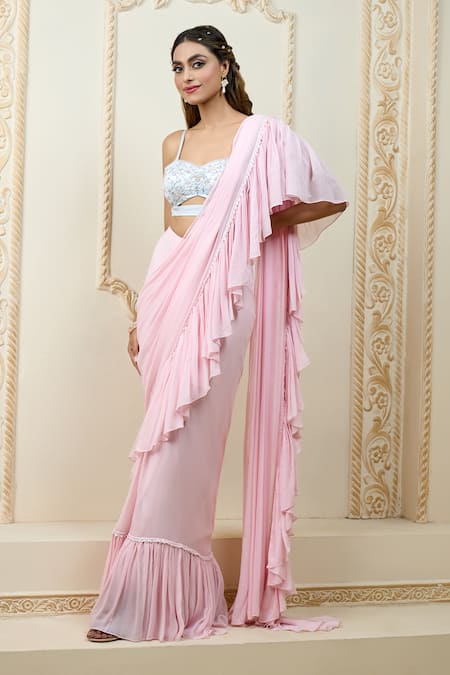 Buy_Aariyana Couture_Pink Viscose, Georgette, Satin, Lycra Pre-draped Ruffle Saree With Bustier _Online_at_Aza_Fashions