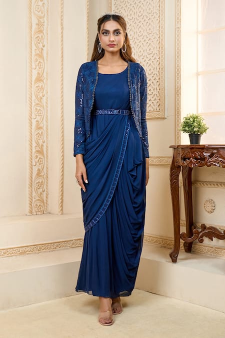 Shop_Aariyana Couture_Navy Viscose, Georgette Sequins Round Blue Embroidered Draped Saree Gown Set_Online_at_Aza_Fashions