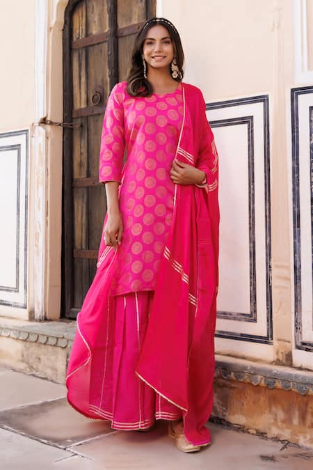 Geroo Jaipur_Pink Silk, Chiffon Embroidery, Gota Patti Round Floral Woven Kurta Sharara Set _Online_at_Aza_Fashions