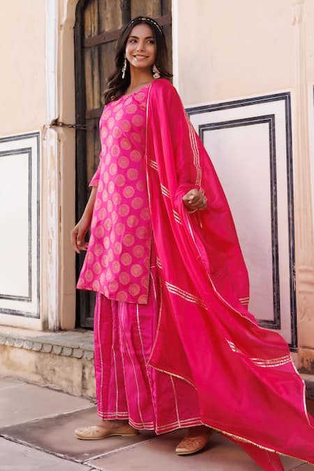 Shop_Geroo Jaipur_Pink Silk, Chiffon Embroidery, Gota Patti Round Floral Woven Kurta Sharara Set _Online_at_Aza_Fashions