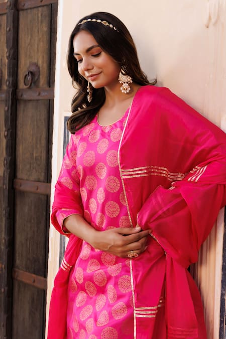 Geroo Jaipur_Pink Silk, Chiffon Embroidery, Gota Patti Round Floral Woven Kurta Sharara Set _at_Aza_Fashions
