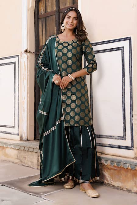 Geroo Jaipur Silk Banarasi Woven Kurta Sharara Set 