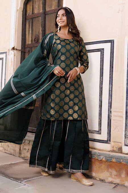 Buy Geroo Jaipur Green Silk, Chiffon Embroidery, Gota Patti Banarasi Woven Kurta Sharara Set Online at Aza Fashions Buy_Geroo Jaipur_Green Silk, Chiffon Embroidery, Gota Patti Banarasi Woven Kurta Sharara Set _Online_at_Aza_Fashions
