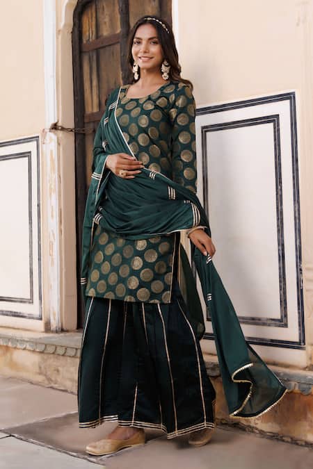 Shop Geroo Jaipur Green Silk, Chiffon Embroidery, Gota Patti Banarasi Woven Kurta Sharara Set Online at Aza Fashions Shop_Geroo Jaipur_Green Silk, Chiffon Embroidery, Gota Patti Banarasi Woven Kurta Sharara Set _Online_at_Aza_Fashions