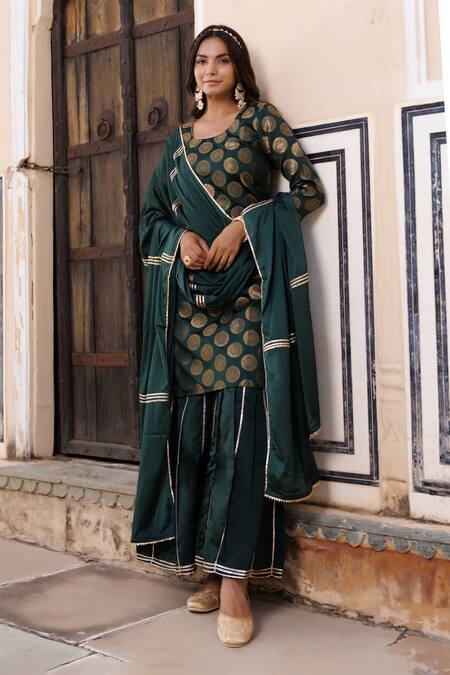 Geroo Jaipur Green Silk, Chiffon Embroidery, Gota Patti Banarasi Woven Kurta Sharara Set at Aza Fashions Geroo Jaipur_Green Silk, Chiffon Embroidery, Gota Patti Banarasi Woven Kurta Sharara Set _at_Aza_Fashions