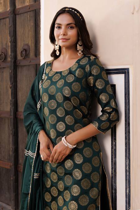Buy Geroo Jaipur Green Silk, Chiffon Embroidery, Gota Patti Banarasi Woven Kurta Sharara Set Buy_Geroo Jaipur_Green Silk, Chiffon Embroidery, Gota Patti Banarasi Woven Kurta Sharara Set