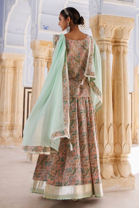 Geroo Jaipur Cotton Floral Hand Block Print Kurta Skirt Set 