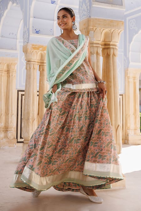 Shop_Geroo Jaipur_Peach Cotton Embroidery, Gota Patti Boat Floral Hand Block Print Kurta Skirt Set _Online_at_Aza_Fashions