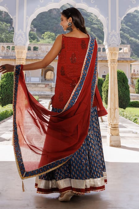 Geroo Jaipur Cotton Botanical Hand Block Print Kurta Skirt Set 