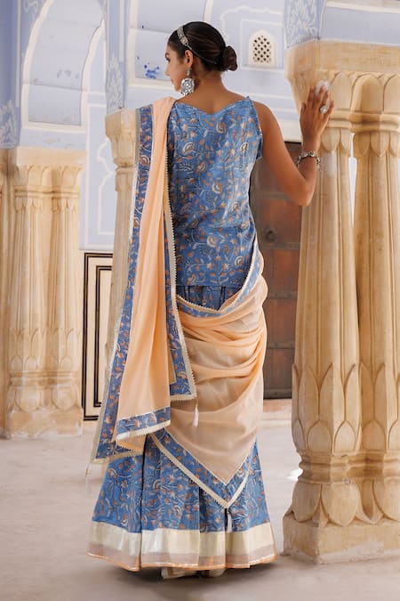 Geroo Jaipur Cotton Garden Hand Block Print Kurta Skirt Set 