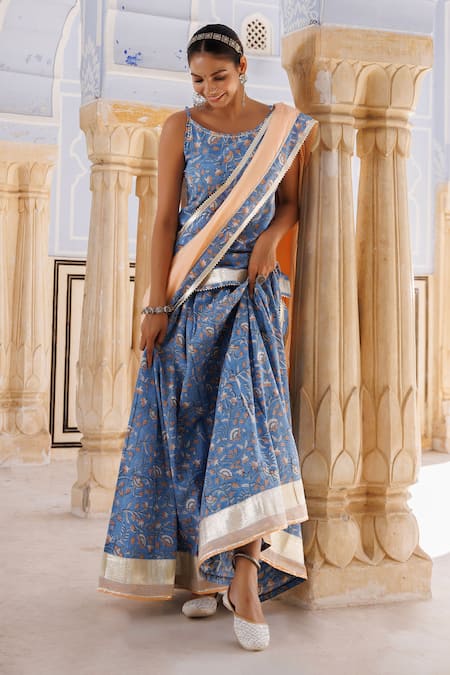 Buy_Geroo Jaipur_Blue Cotton Gota Patti, Cut Work Square Garden Hand Block Print Kurta Skirt Set _Online_at_Aza_Fashions