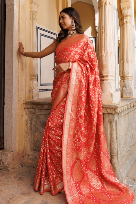 Geroo Jaipur_Peach Denim Embroidery, Zari Floral Woven Saree With Unstitched Blouse Piece _Online_at_Aza_Fashions