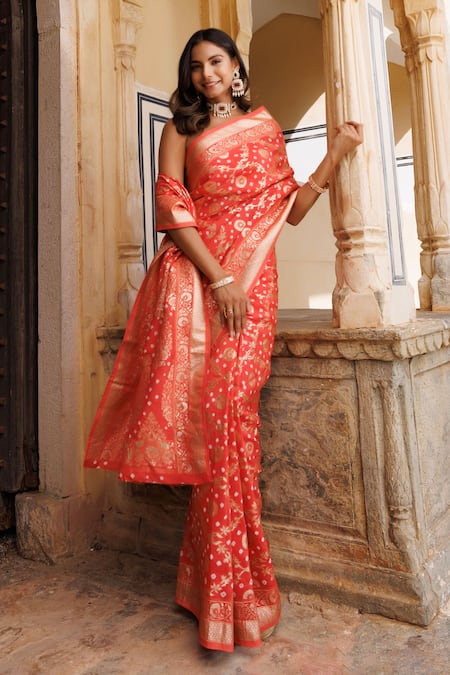 Buy_Geroo Jaipur_Peach Denim Embroidery, Zari Floral Woven Saree With Unstitched Blouse Piece _Online_at_Aza_Fashions