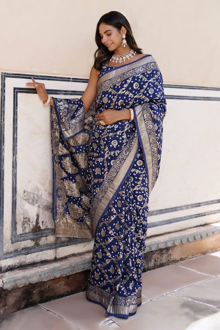 Geroo Jaipur Blue Denim Zari, Embroidery Flower Woven Saree With Unstitched Blouse Piece Online at Aza Fashions Geroo Jaipur_Blue Denim Zari, Embroidery Flower Woven Saree With Unstitched Blouse Piece _Online_at_Aza_Fashions