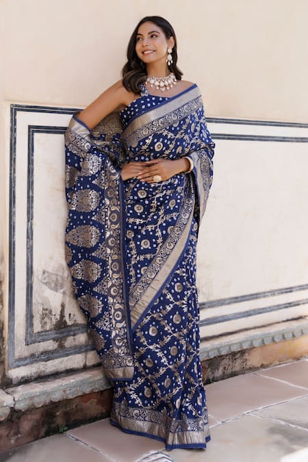 Buy Geroo Jaipur Blue Denim Zari, Embroidery Flower Woven Saree With Unstitched Blouse Piece Online at Aza Fashions Buy_Geroo Jaipur_Blue Denim Zari, Embroidery Flower Woven Saree With Unstitched Blouse Piece _Online_at_Aza_Fashions