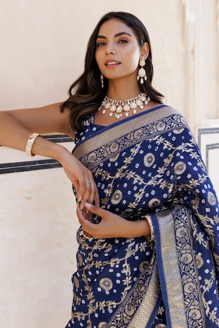 Shop Geroo Jaipur Blue Denim Zari, Embroidery Flower Woven Saree With Unstitched Blouse Piece Online at Aza Fashions Shop_Geroo Jaipur_Blue Denim Zari, Embroidery Flower Woven Saree With Unstitched Blouse Piece _Online_at_Aza_Fashions