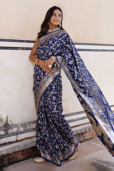 Buy Geroo Jaipur Blue Denim Zari, Embroidery Flower Woven Saree With Unstitched Blouse Piece Buy_Geroo Jaipur_Blue Denim Zari, Embroidery Flower Woven Saree With Unstitched Blouse Piece