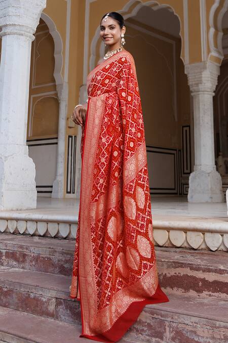 Geroo Jaipur Red Denim Zari Geometric Woven Saree With Unstitched Blouse Piece Online at Aza Fashions Geroo Jaipur_Red Denim Zari Geometric Woven Saree With Unstitched Blouse Piece _Online_at_Aza_Fashions