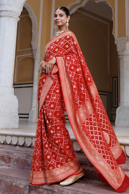 Buy Geroo Jaipur Red Denim Zari Geometric Woven Saree With Unstitched Blouse Piece Online at Aza Fashions Buy_Geroo Jaipur_Red Denim Zari Geometric Woven Saree With Unstitched Blouse Piece _Online_at_Aza_Fashions