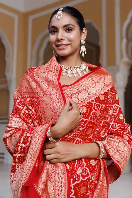 Geroo Jaipur Red Denim Zari Geometric Woven Saree With Unstitched Blouse Piece at Aza Fashions Geroo Jaipur_Red Denim Zari Geometric Woven Saree With Unstitched Blouse Piece _at_Aza_Fashions