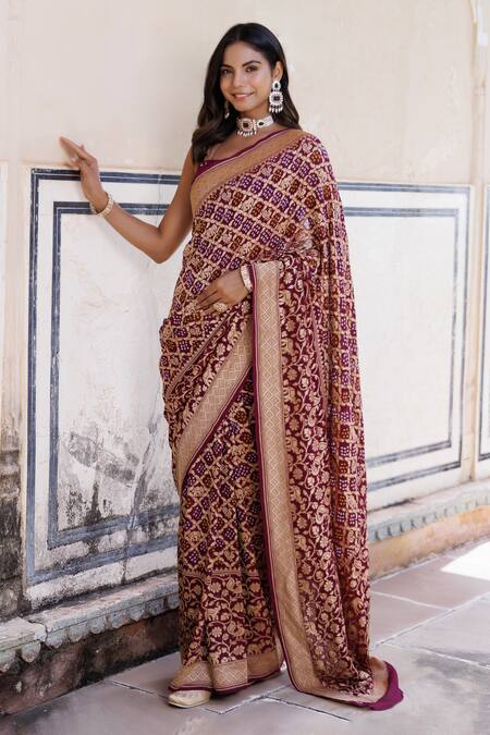 Geroo Jaipur Purple Denim Zari Peacock Woven Saree With Unstitched Blouse Piece Online at Aza Fashions Geroo Jaipur_Purple Denim Zari Peacock Woven Saree With Unstitched Blouse Piece _Online_at_Aza_Fashions