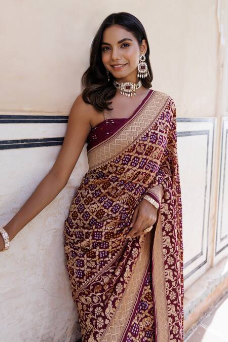 Shop Geroo Jaipur Purple Denim Zari Peacock Woven Saree With Unstitched Blouse Piece Online at Aza Fashions Shop_Geroo Jaipur_Purple Denim Zari Peacock Woven Saree With Unstitched Blouse Piece _Online_at_Aza_Fashions