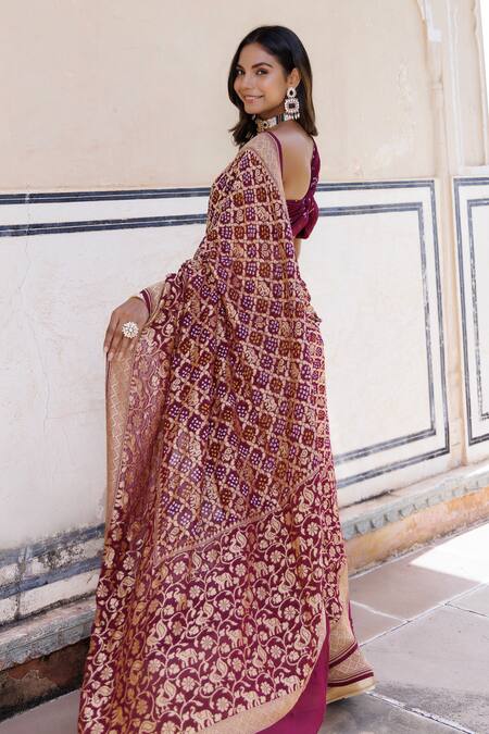 Geroo Jaipur Purple Denim Zari Peacock Woven Saree With Unstitched Blouse Piece at Aza Fashions Geroo Jaipur_Purple Denim Zari Peacock Woven Saree With Unstitched Blouse Piece _at_Aza_Fashions